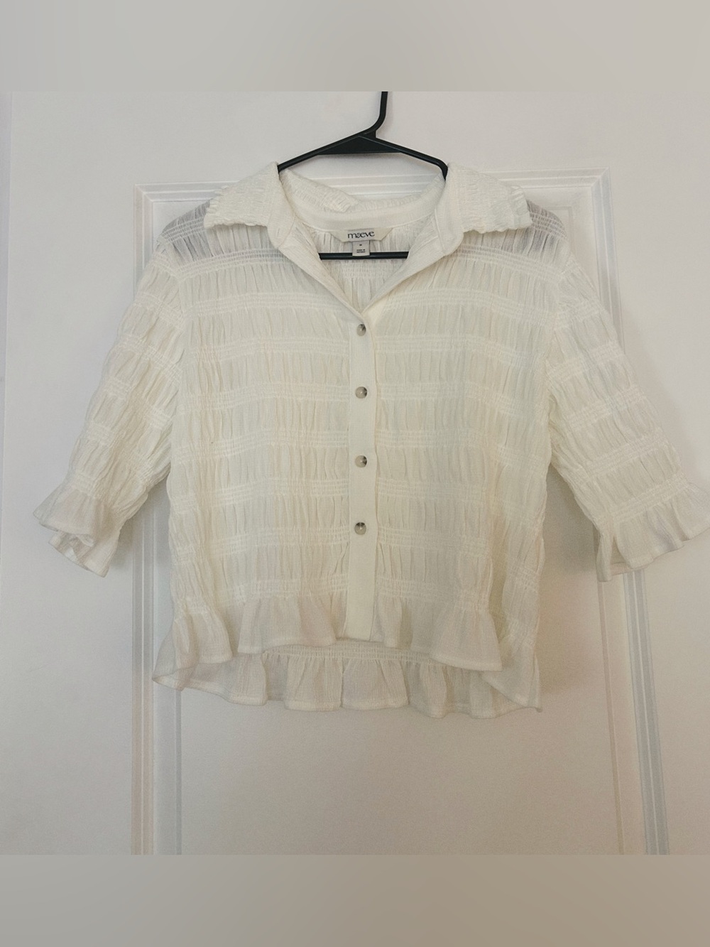 Maeve Smocked Button-Front Blouse in Ivory - Picture 4 of 7